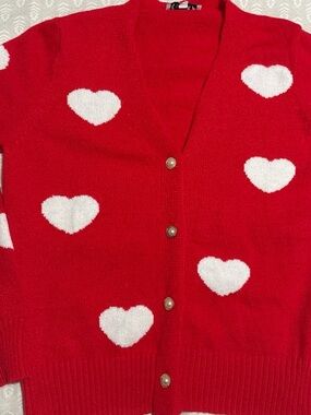Nanette Lepore Red Cardigan with White Heart Motif